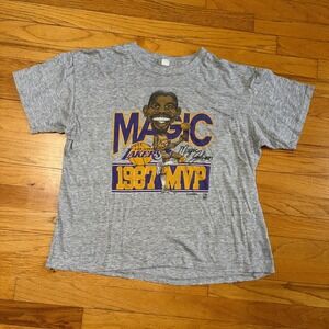 Vintage Thrashed Los Angeles Lakers Shirt Gray NBA Basketball Magic Johnson MVP